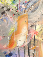 Abstract artwork with a central abstract shape surrounded by colorful brush strokes.