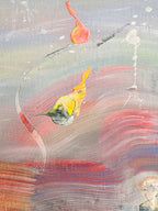 Abstract painting with colorful shapes and a fish-like figure.