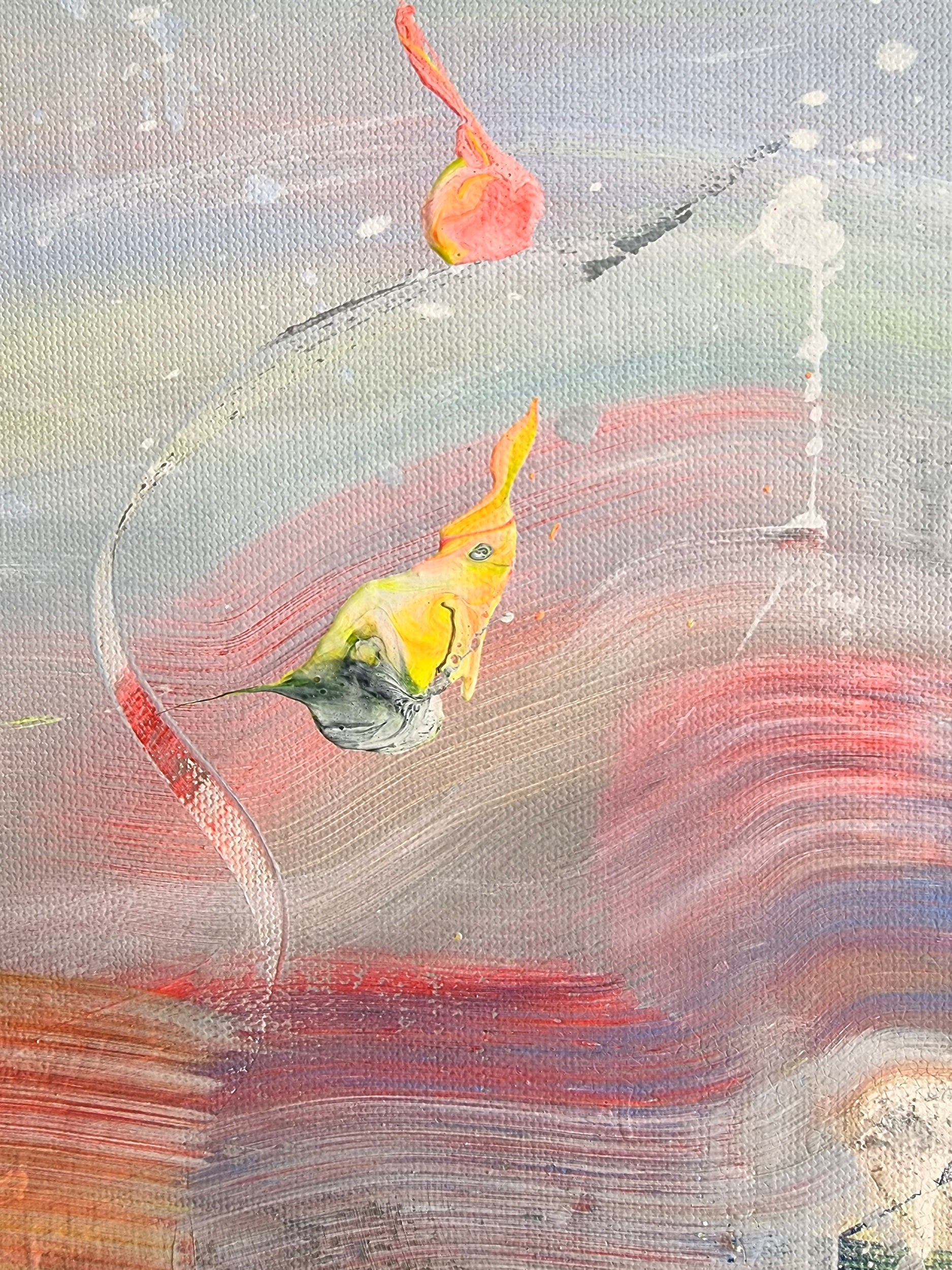 Abstract painting with colorful shapes and a fish-like figure.