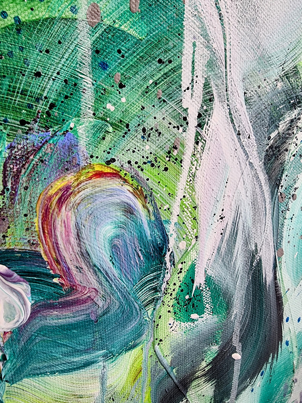 Abstract painting with a mix of green, blue, and purple colors.
