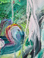 Abstract painting with a mix of green, blue, and purple colors.