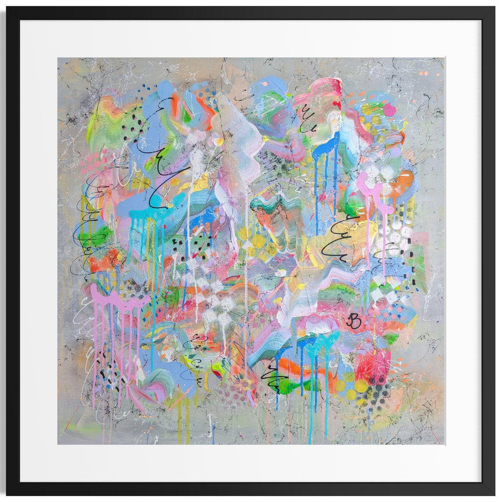 Abstract artwork with colourful splashes and text on a gray background