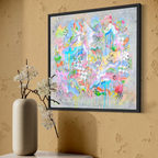 Colorful abstract painting on a beige wall with a vase and decorative branches below.