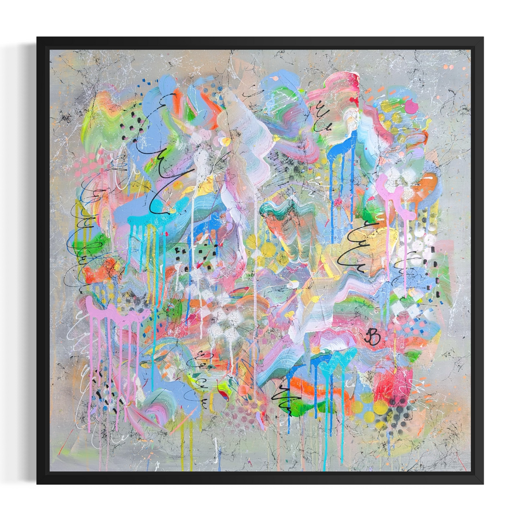 Abstract colourful painting with a black frame on a white background