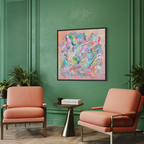 Beautiful abstract colourful painting with splattered paint and geometric patterns. Set in a stylish interior