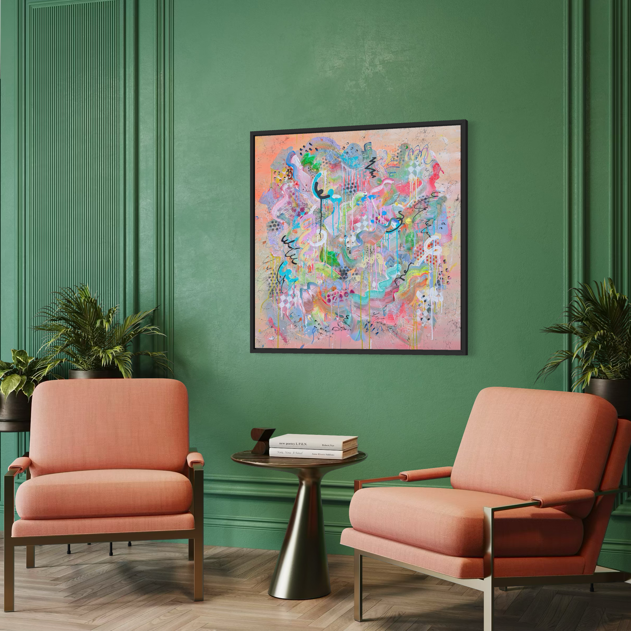 Beautiful abstract colourful painting with splattered paint and geometric patterns. Set in a stylish interior