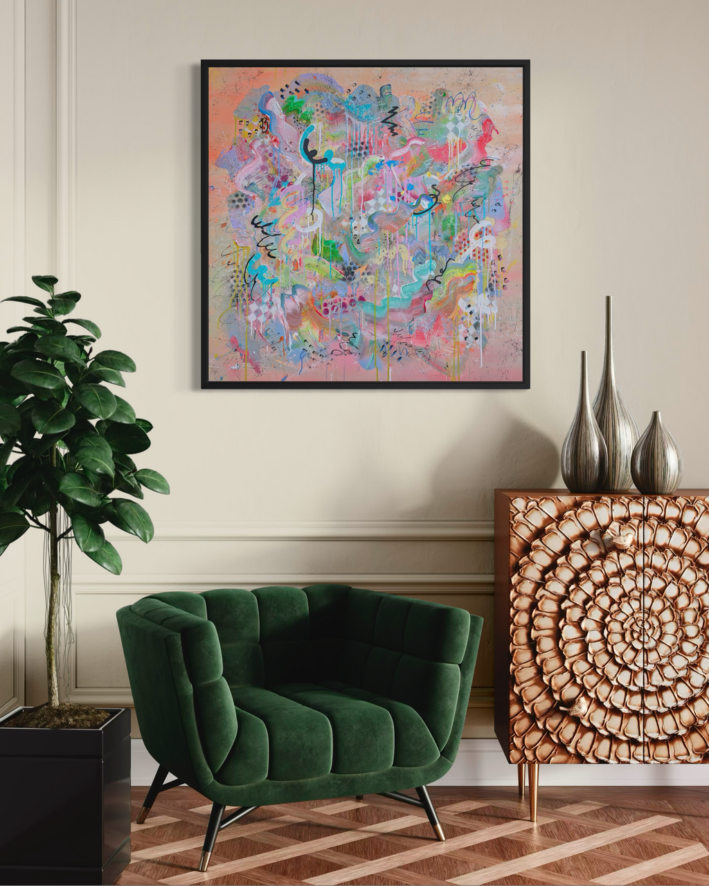 Modern living room with a green sofa, decorative cabinet, and colourful abstract painting.