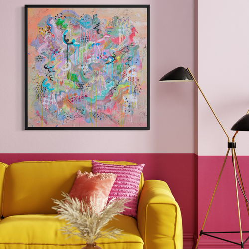 Living room with a yellow sofa, colourful abstract painting, and pink wall.