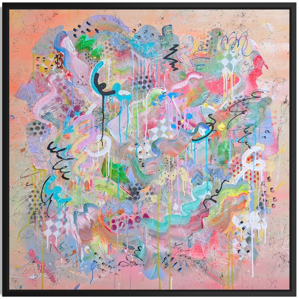 Abstract artwork with vibrant colours and dynamic shapes on a beige background