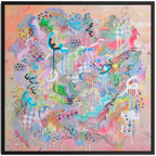 Abstract artwork with vibrant colours and dynamic shapes on a beige background