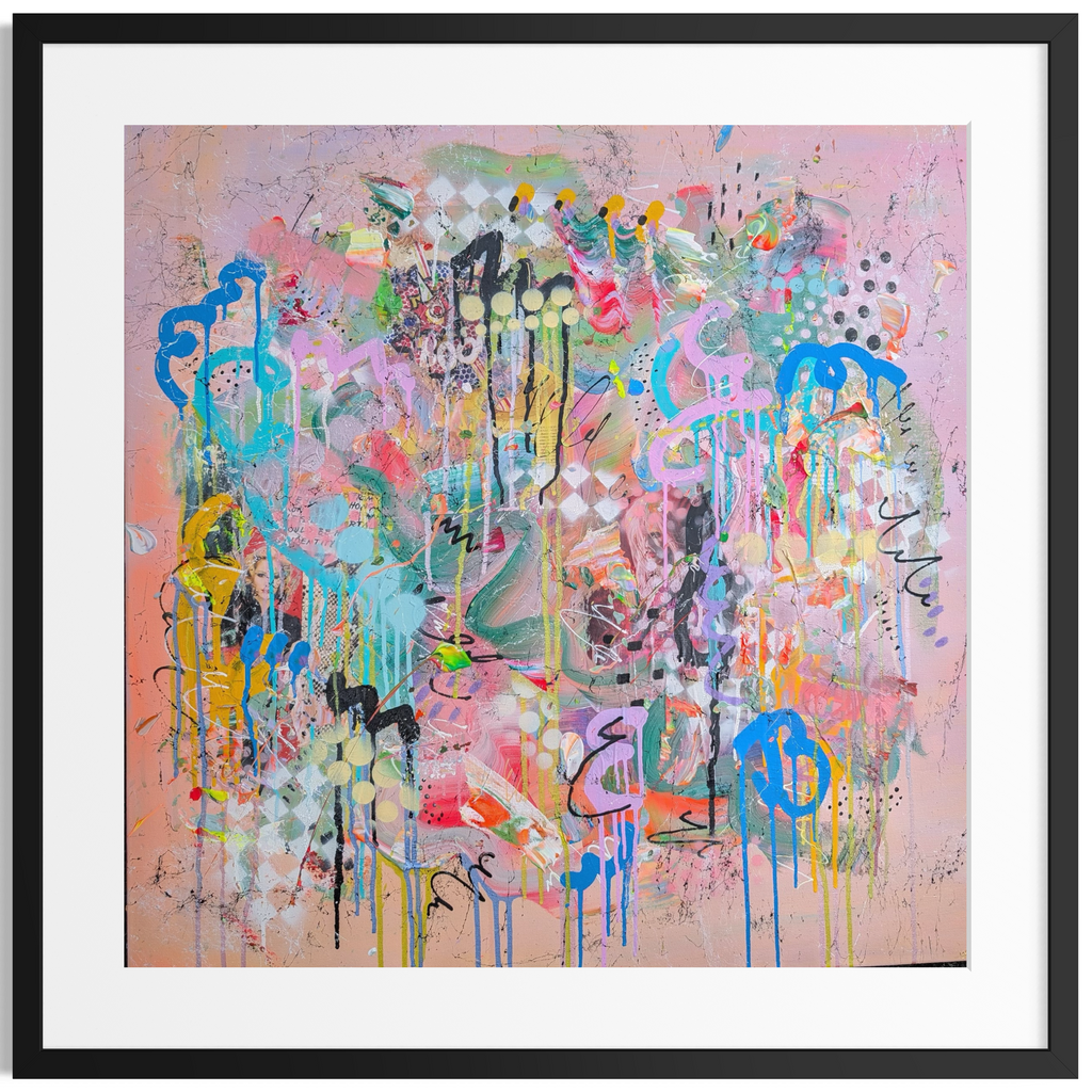 Abstract artwork with vibrant colors on a light pink background