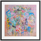 Abstract artwork with vibrant colors on a light pink background