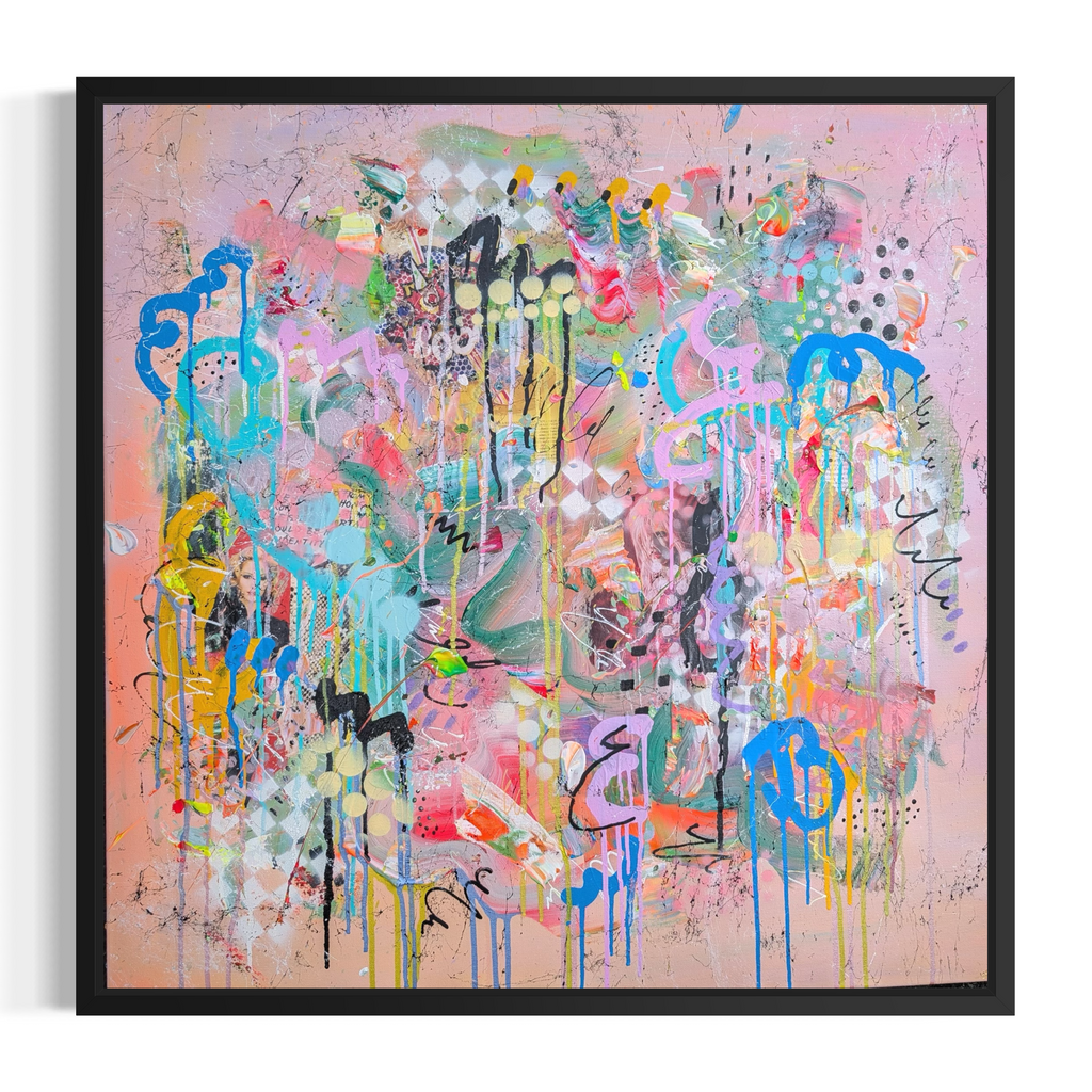 Abstract artwork with colorful splashes on a light pink background
