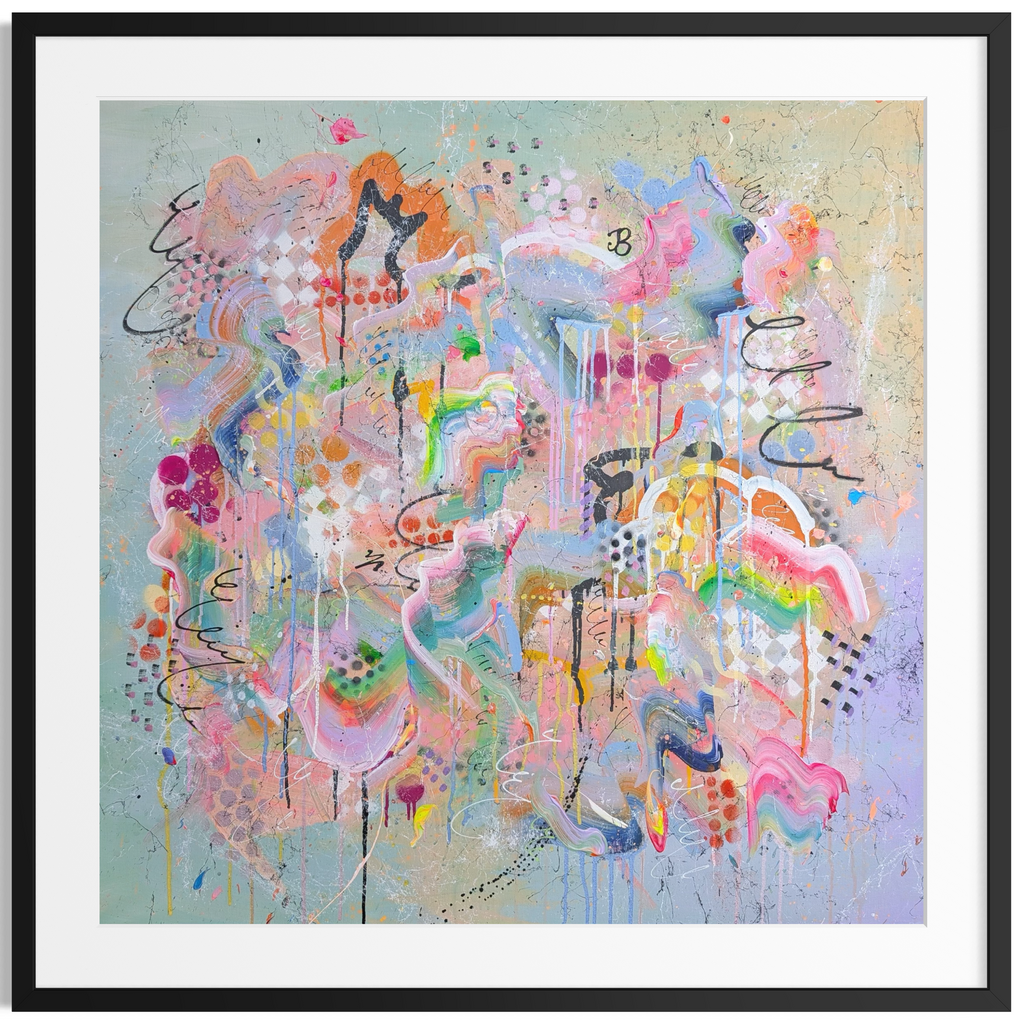 Abstract artwork with vibrant colours and textures on a light blue background