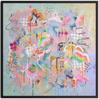 Abstract artwork with vibrant colours and dynamic shapes on a light blue background