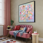 Beautiful colourful abstract painting in stylish interiors with blush pink couch.