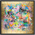 Abstract art piece with colorful splashes on a gold background