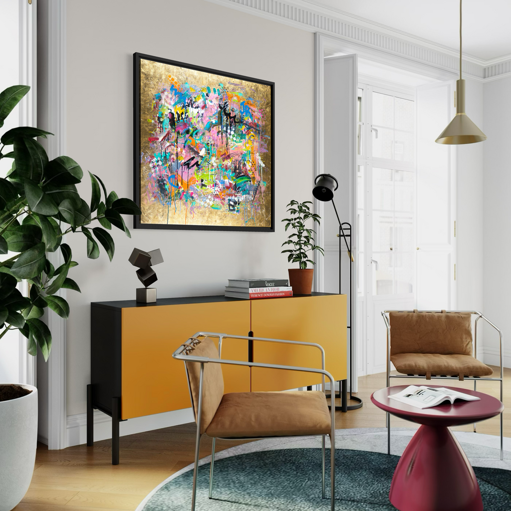 Modern living room with colorful abstract painting, yellow cabinet, and brown chairs.