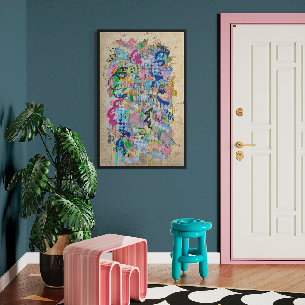 Modern interior with colorful abstract art, pink and blue furniture, and a plant.