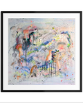 Abstract artwork with colorful splashes on a light background