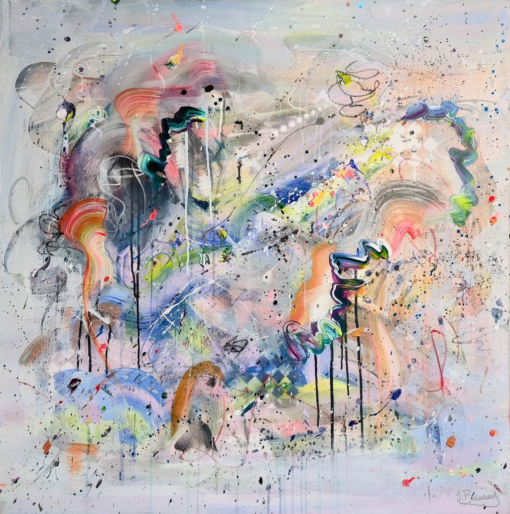 Abstract artwork with colorful splashes on a white background