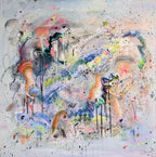 Abstract artwork with colorful splashes on a white background