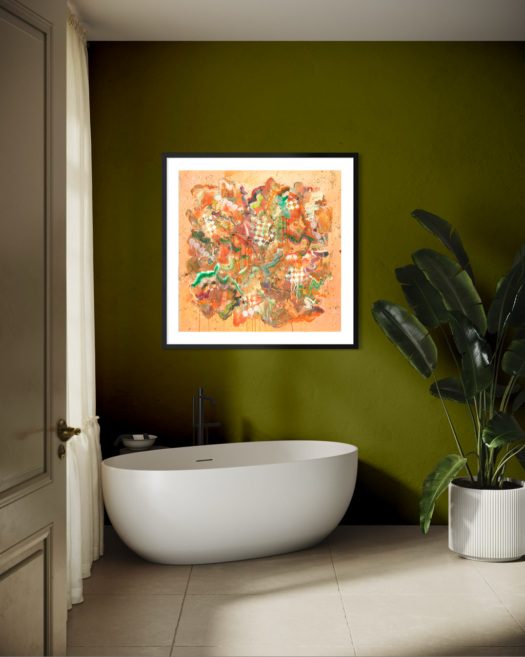 Bathroom with a freestanding bathtub, green wall, and abstract art.