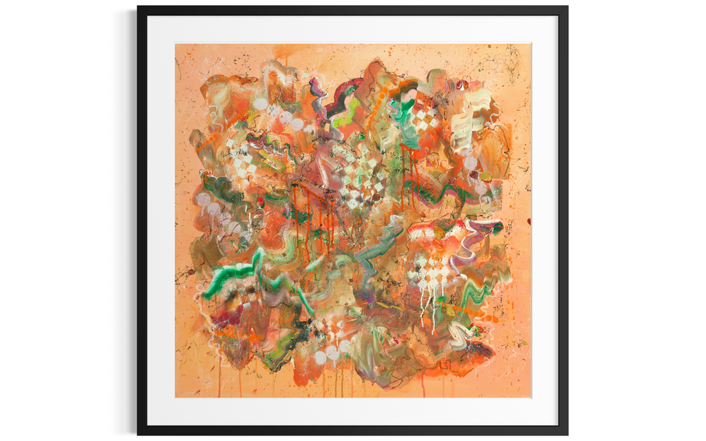 Framed abstract artwork with a colorful design on a peach background