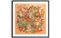 Framed abstract artwork with a colorful design on a peach background