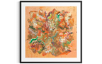 Framed abstract artwork with a colorful design on a peach background