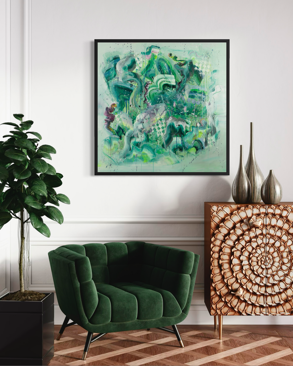 Modern living room with a green armchair, decorative cabinet, and abstract artwork on the wall.