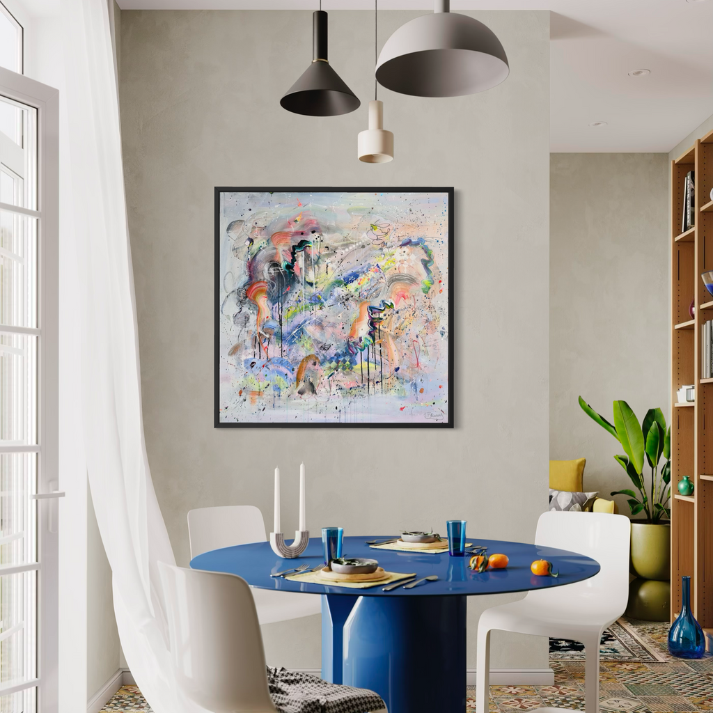 Modern dining room with a blue table, white chairs, and colorful abstract art on the wall.