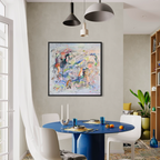 Modern dining room with a blue table, white chairs, and colorful abstract art on the wall.