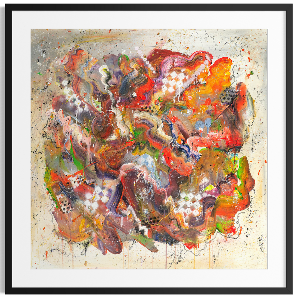 Abstract art piece with vibrant colors on a textured background