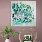 Modern interior with a wicker chair, plant, and abstract painting on a pink wall.