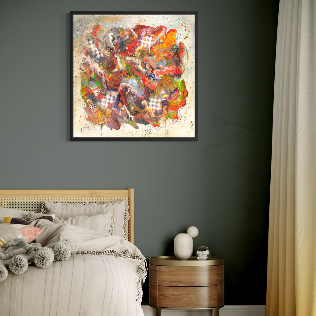 Colorful abstract painting on a gray wall above a bed in a bedroom.