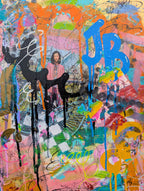 Colorful abstract artwork with a person standing amidst artistic elements.