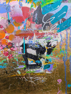 Abstract artwork with colorful shapes and a black and white figure.