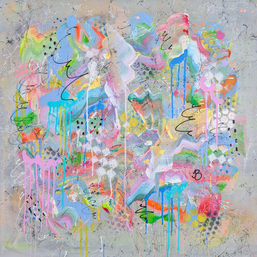 Abstract artwork with vibrant colours on a textured gray background