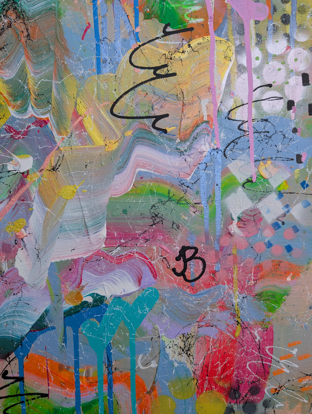 Abstract artwork with vibrant colours and splashes on a textured surface