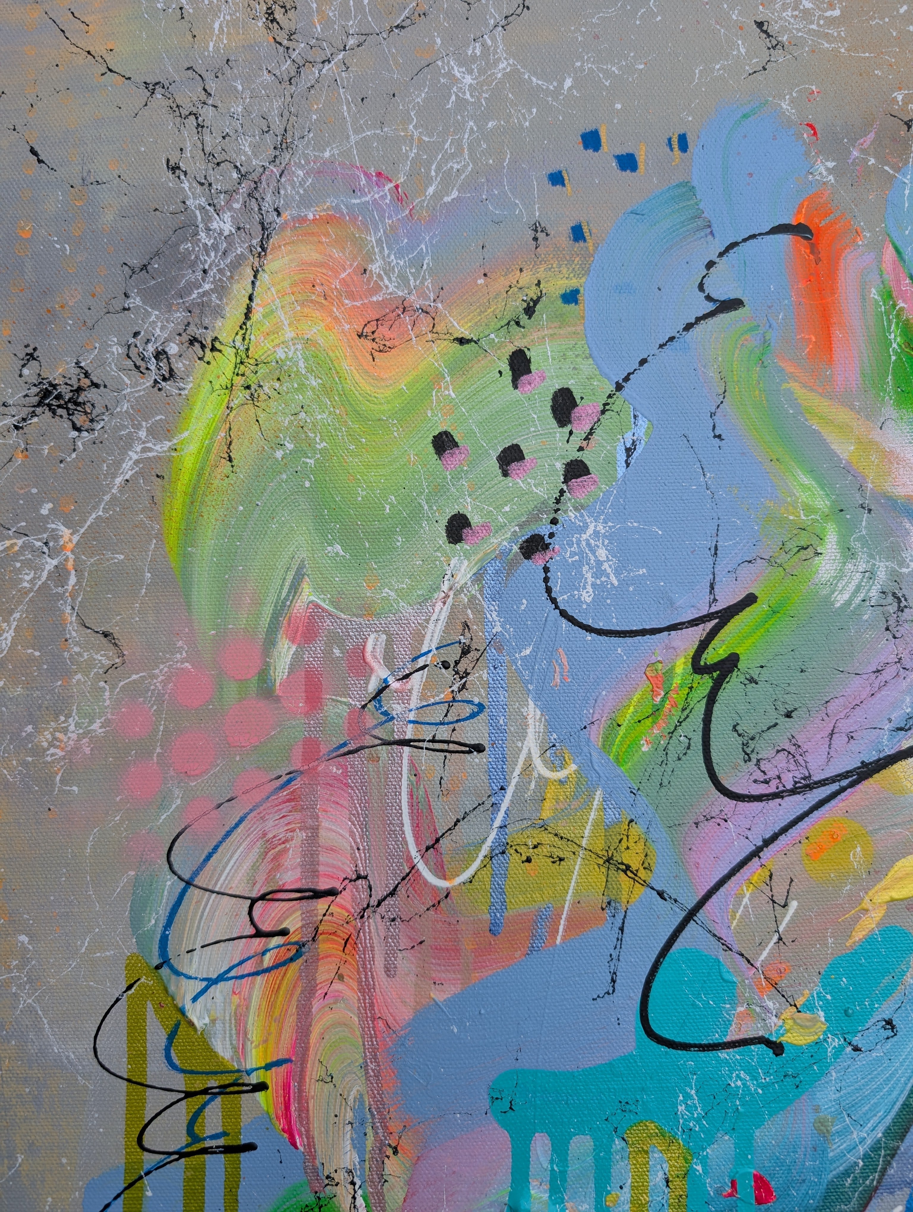 Abstract artwork with vibrant colours and dynamic lines on a textured background