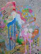 Abstract artwork with colorful splashes and shapes on a textured background
