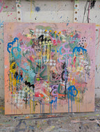 Abstract painting with colorful splashes on a textured surface