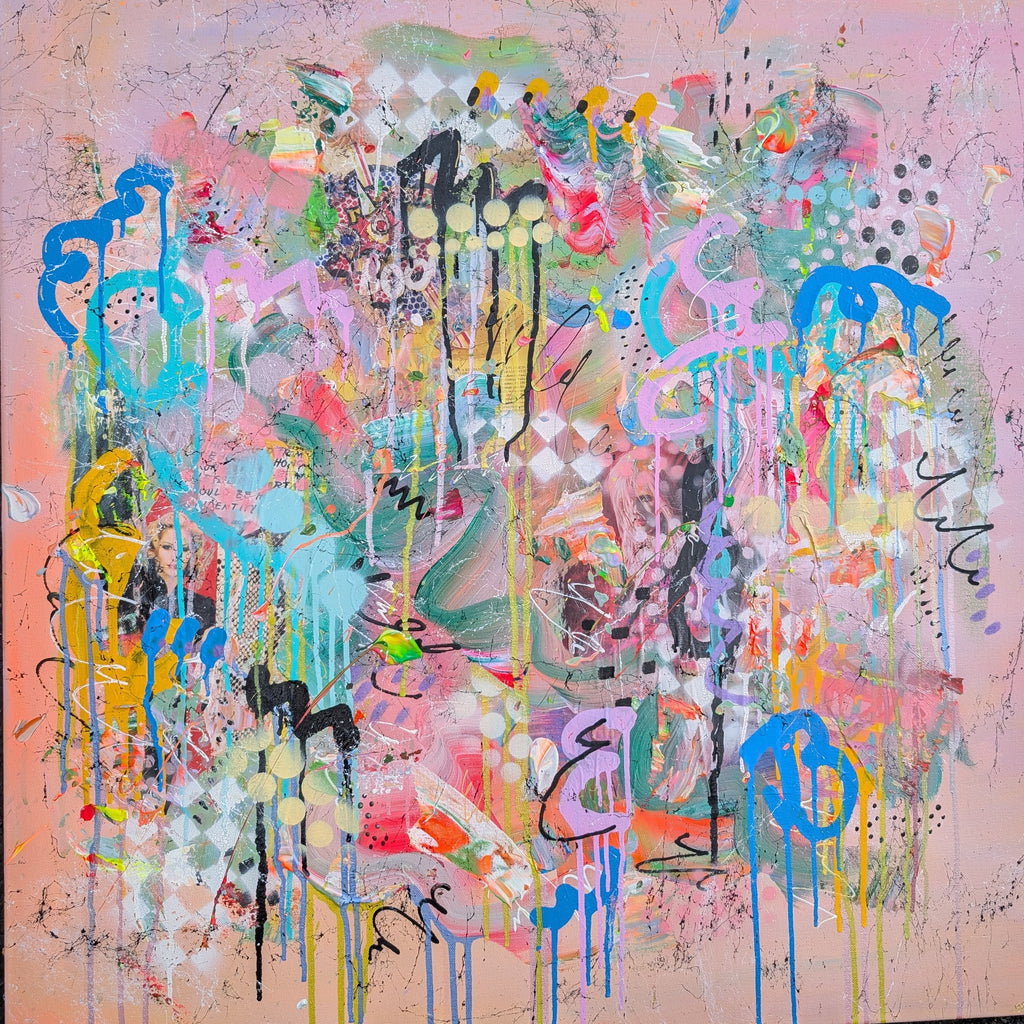 Abstract artwork with vibrant colors and dynamic brushstrokes on a textured background