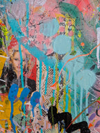 Colorful abstract art piece with text and a portrait.