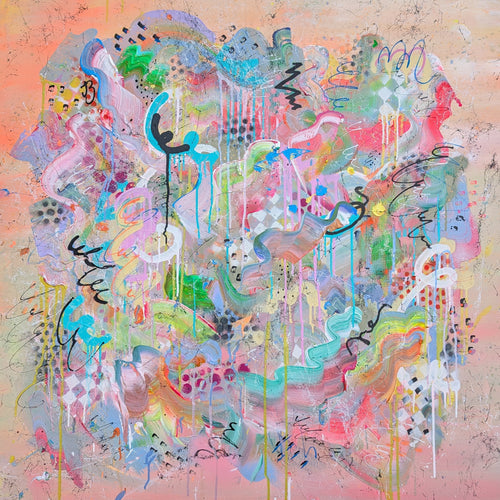 Beautiful abstract colourful painting with splattered paint and geometric patterns