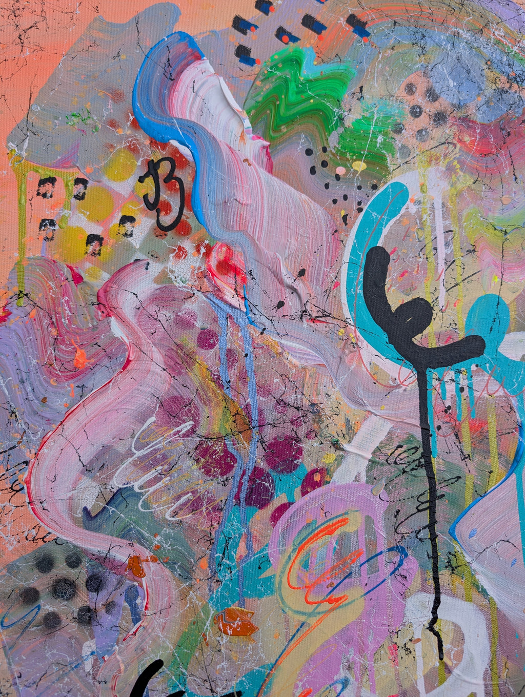 Abstract artwork with colourful wavy lines and shapes on a textured background