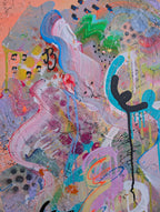 Abstract artwork with colourful wavy lines and shapes on a textured background