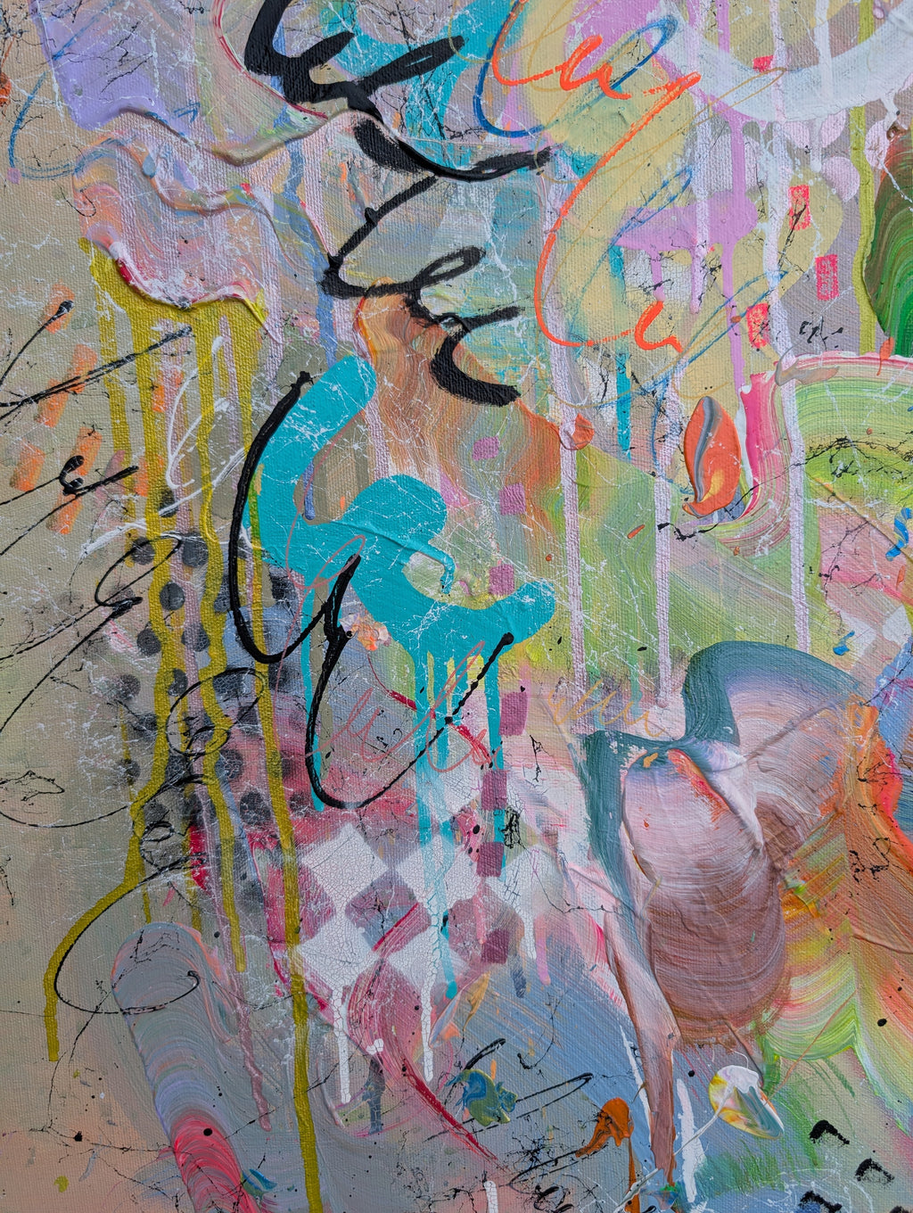 Abstract artwork with colourful splashes and text on a textured background