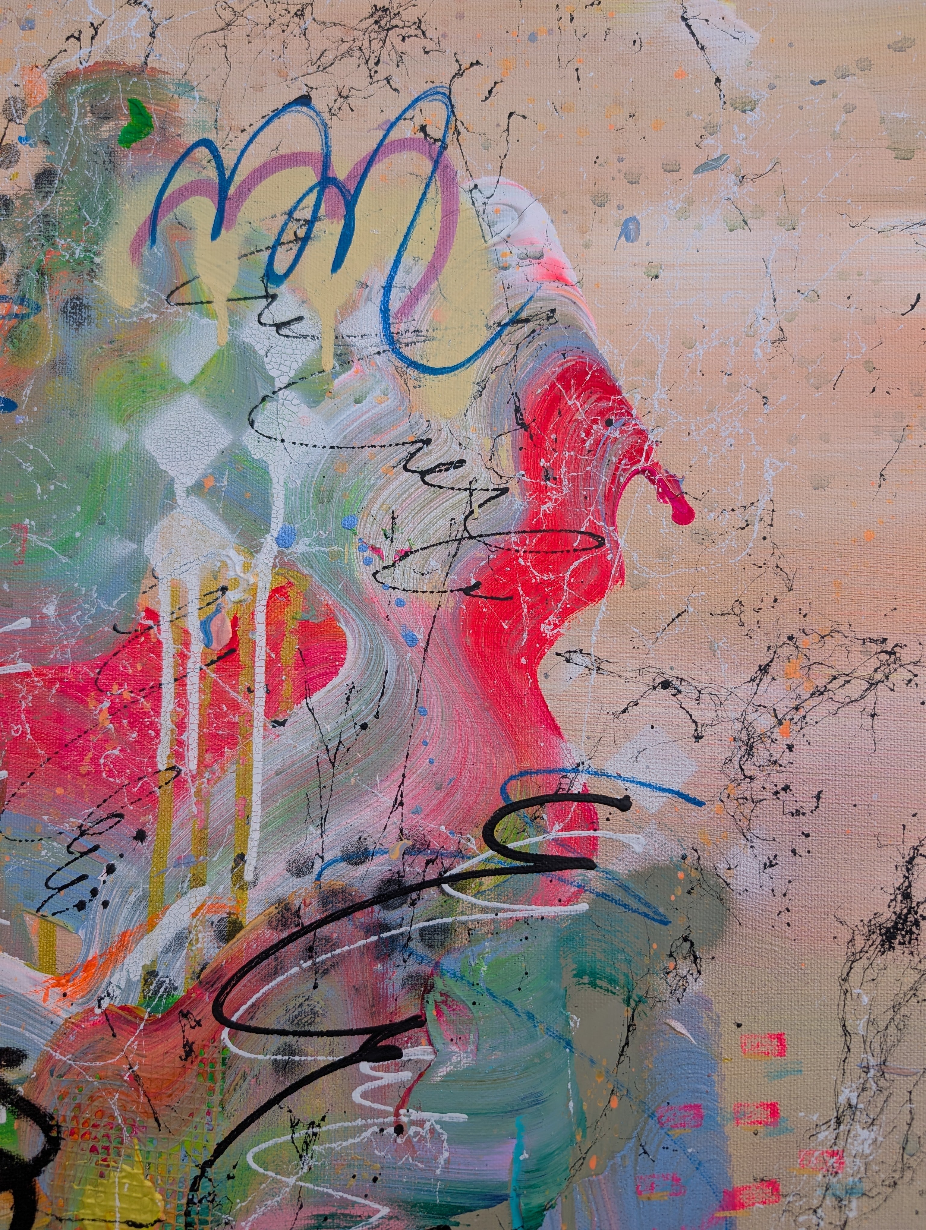 Abstract artwork with colourful brush strokes on a textured beige background